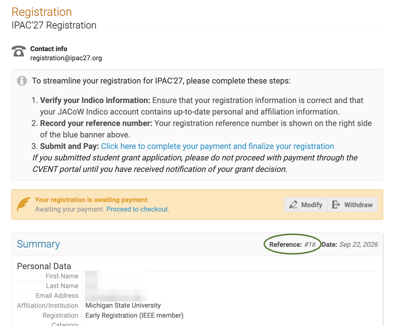 Indico Reference Number from email